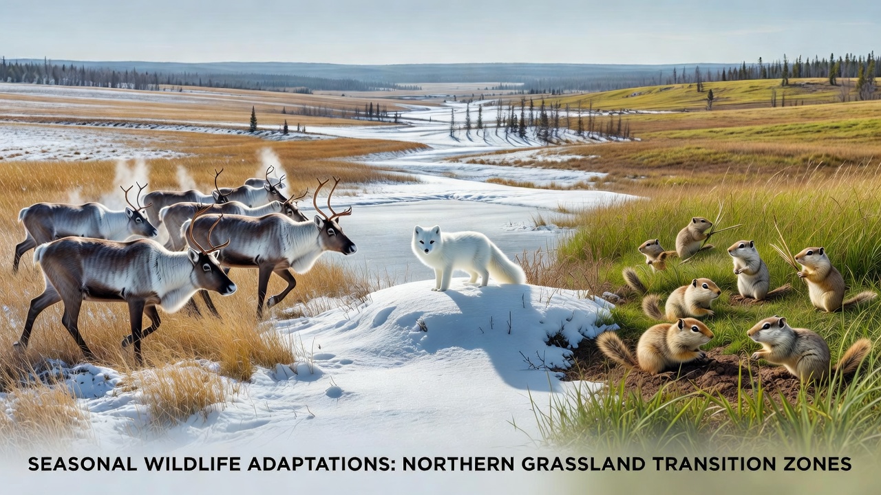 Wildlife species exhibiting seasonal adaptations such as coat changes and migration patterns in grassland edges